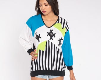 90er Colorblock Sweatshirt Geometrischer Druck Schwarz Blau Gelb Weiß Gestreift Abstrakt Streetwear Neon Urban Athleisure Langarm Large L
