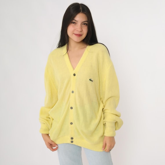 Yellow Lacoste Cardigan 70s Vintage Oversized Button Front Long Sleeve Knit Preppy Collegiate Ivy League Sweater Bullocks Extra Large XL