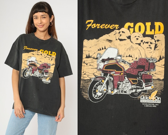 90s Motorcycle T-Shirt Mount Rushmore Forever Gold Graphic Tee South Dakota Black Vintage Shirt Extra Large xl