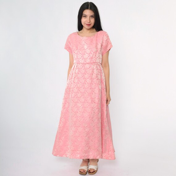 Vintage Brocade Party Dress 60s Pink Floral Maxi Formal Party Bow Back High Waist Dress 1960s Short Sleeve Evening Gown Medium 8