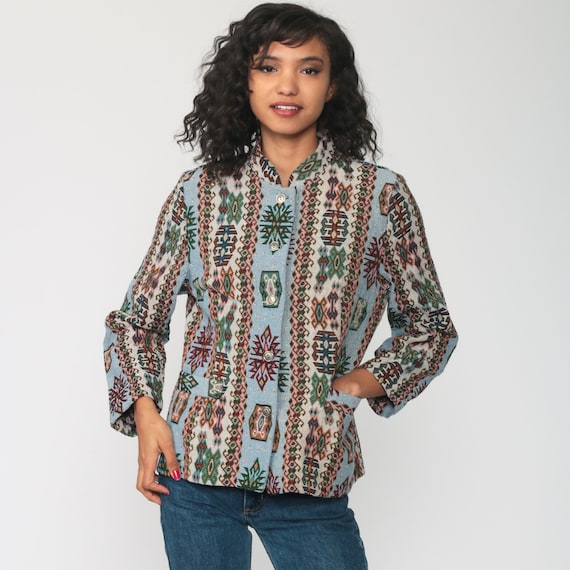 Southwestern Tapestry Jacket Boho Aztec Blazer 80s Blanket Ethnic Hippie Southwest Jacket 90s Vintage Bohemian Blue Print Small