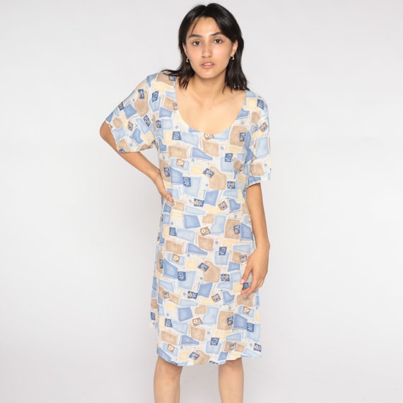 90s Mini Dress Checkered Floral Print Day Dress Retro Flower Print Summer Sundress Blue Tan Shift Short Sleeve Vintage 1990s Extra Large xl