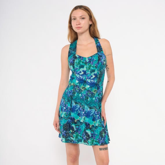 90s Floral Crossback Dress Teal Blue Green Tropical Sweetheart Neckline Sleeveless Mini Sundress Summer Criss Cross Cutout Vintage Small S