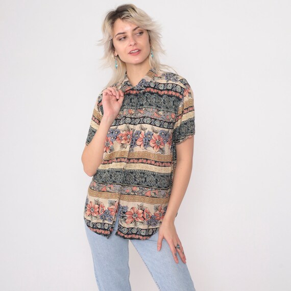 Striped Floral Shirt 90s Button up Blouse Retro Summer Top Short Sleeve Flower Geometric Print Navy Blue Pink Cream 1990s Vintage Medium