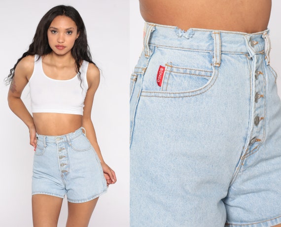 Bongo Jean Shorts xs -- 80s Denim Shorts Faded Light Blue Exposed Button Fly High Waisted Rise 1980s Jeans Vintage Shorts Extra Small xs 1