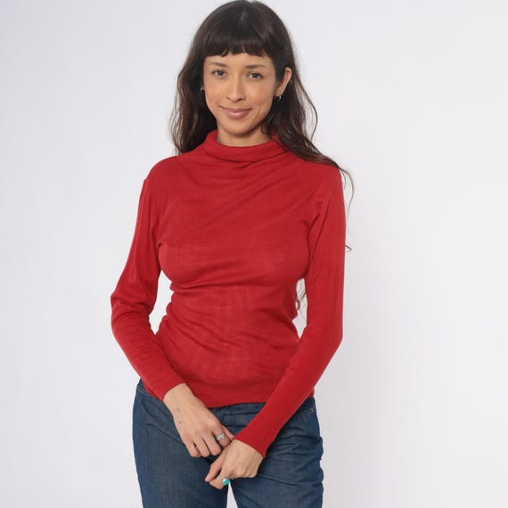 80s Red Turtleneck Long Sleeve Fitted Ribbed Stretch Knit Top Minimalist Solid Cowl Neck Basic Vintage Pullover Layering Simple Medium M