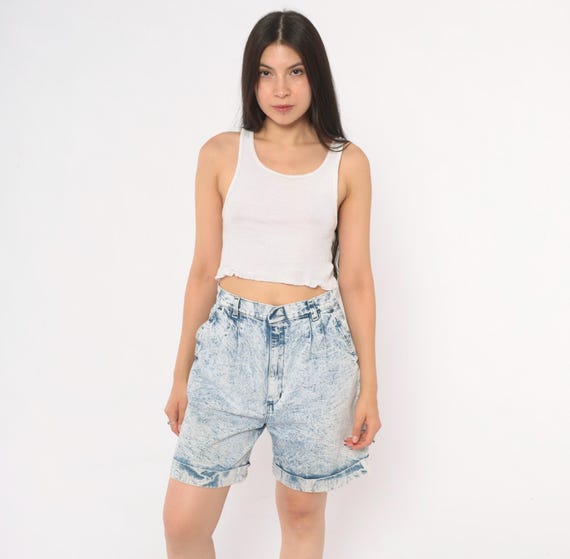 Acid Wash Denim Shorts 80s High Waisted Jean Pleated Front Cuffed Hem Bermuda Cotton Blue Stonewash Summer Ms Players Vintage Womens Small S
