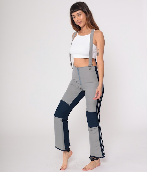 70s Obermeyer Ski Bib Gray Navy Wool Flared Bell Bottom Suspender Snow Pants High Waisted Colorblock Winters Vintage Medium M