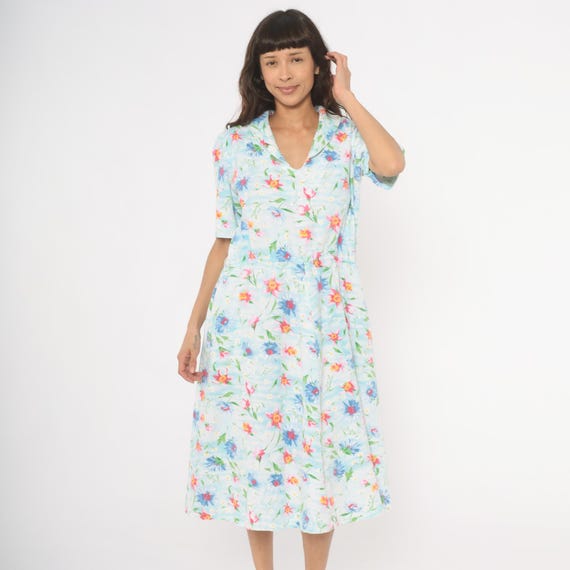 90s Floral Cotton Dress Light Blue Pink Wildflower Short Sleeve Gathered Waist Midi Cottagecore Prairie Garden Party Summer Spring Large L