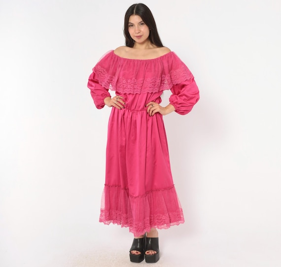 80s Fuchsia Lace Off Shoulder Dress Prairie Peasant Midi Pink Ruffle Balloon Sleeve Rose Magenta Cottagecore Romantic Vintage Gown Medium M