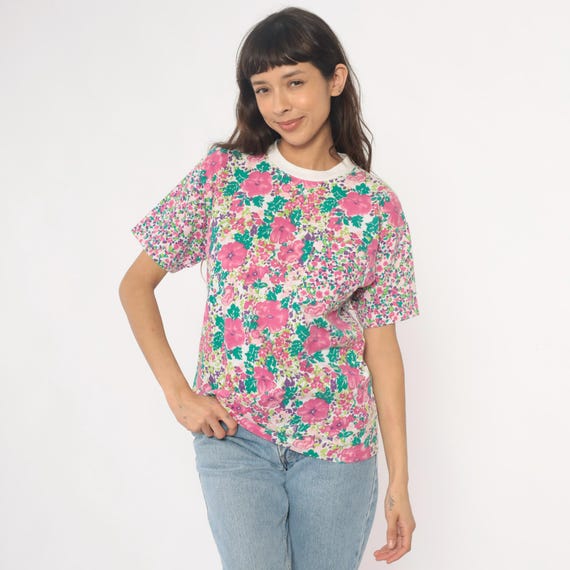90s Floral Ringer Tee Pink Green Purple Yellow Crew Neck Cottagecore Top Vintage T-Shirt White Trim Summer Casual Preppy Style Medium M
