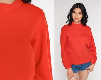 Vintage 70s Shirt Red Orange Top Long Raglan Sleeve Mock Neck Blouse 1970s Retro Top Vintage Plain Blank Basic Top Polyester Medium