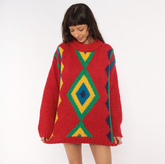 90s Southwestern Sweater Red Diamond Geometric Knit Pullover Green Yellow Blue Aztec Warm Winter Grunge Western Relaxed Fit Vintage Medium M