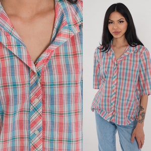 80s Plaid Blouse Button Up Shirt Pink White Blue Checkered Short Sleeve Vintage Collared Top Check Print Casual Summer Collar 1980s Large L