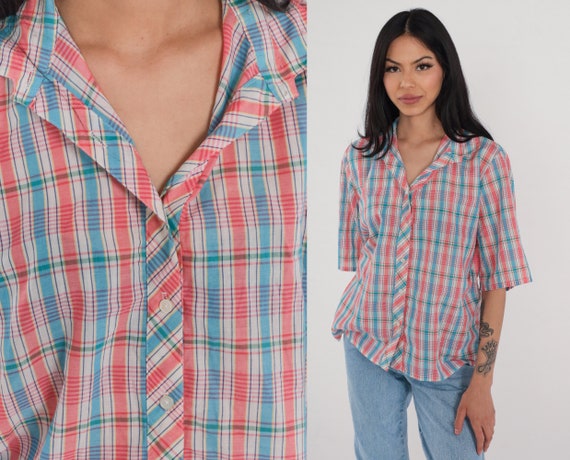 80s Plaid Blouse Button Up Shirt Pink White Blue Checkered Short Sleeve Vintage Collared Top Check Print Casual Summer Collar 1980s Large L