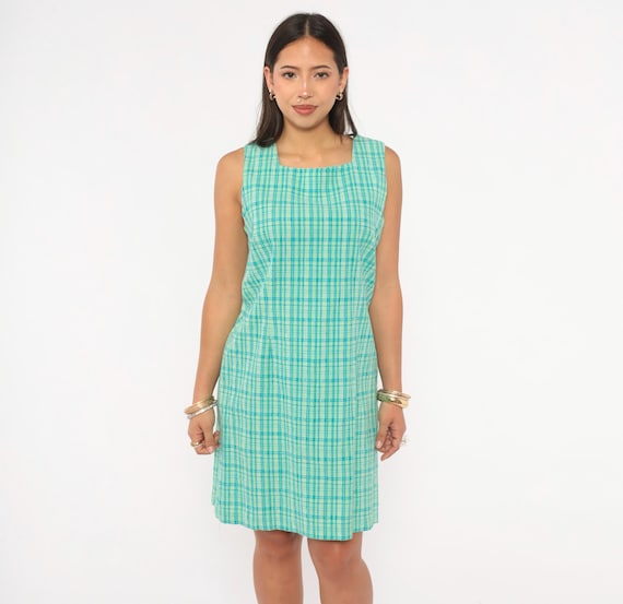 90s Plaid Shift Dress Aqua Green Blue Gingham Sleeveless Square Neck Cotton Summer Sundress Spring Casual Checkered Tank Vintage Large L