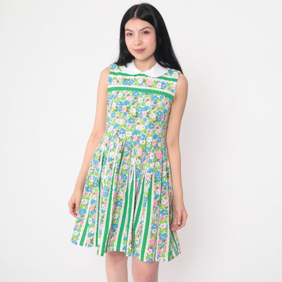 60s Floral Dress Peter Pan Collar Mini Pleated Mod Dress 1960s A-Line 70s Green Garden Party Sleeveless Seersucker Striped Extra Small xs