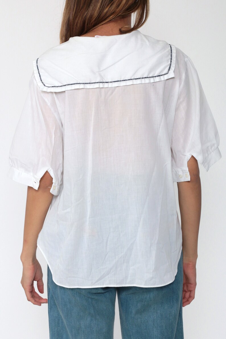 Sailor Shirt Nautical Blouse 80s Shirt White Sailor Collar Top Long Sleeve Top Sheer Shirt Sailboat 1980s Collared Large