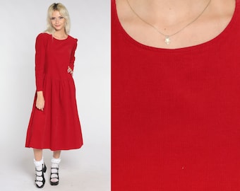 90s Corduroy Dress Red Laura Ashley Dress Puff Sleeve Dress High Waist Button Back Midi Dress Vintage 80s Long Sleeve Extra Small xs