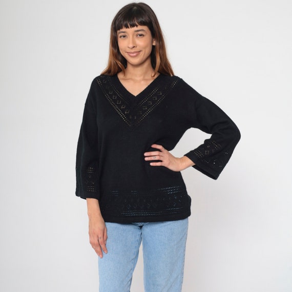 Black Cutwork Sweater 80s Bell Sleeve Pointelle Sweater Knit Cut Out Pullover Retro Sweater Vintage Chevron Cutout V Neck Sweater Large L