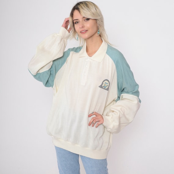 80s Polo Sweatshirt High Altitude Mountain Castle Sweatshirt Pullover Blue Cream Thin Sweatshirt Slouchy Raglan Sleeve 1980s Men's 2xl xxl