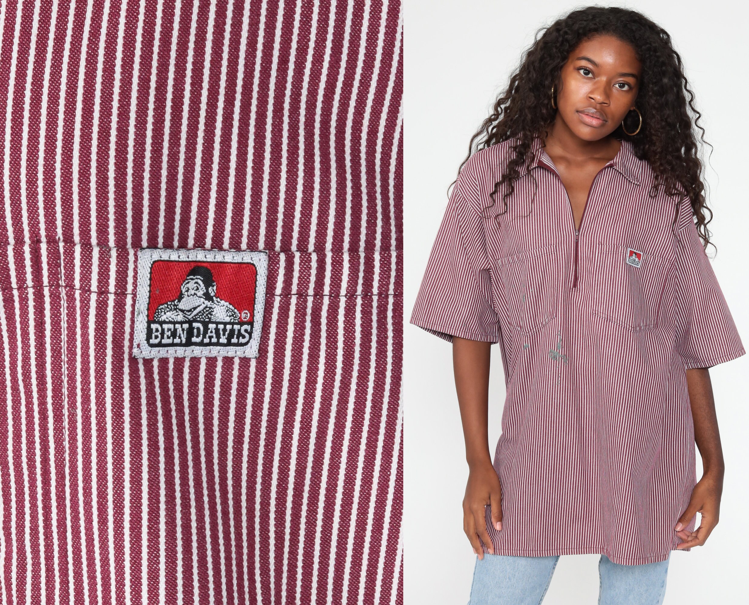Ben Davis Shirt 90s Red Distressed STRIPED Zip up Tshirt