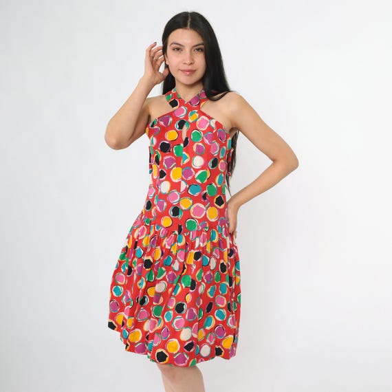 Vintage Criss Cross Halter Dress 80s Red Cotton Sleeveless Keyhole Back Fit Flare Sundress 1980s Bright Graphic Print Extra Small xs