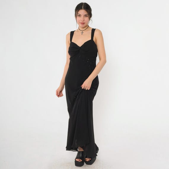Y2k Black Beaded Dress Chiffon Evening Dress Sweetheart Neckline Maxi Party Vintage 00s Floral Formal Cocktail Night Out Large