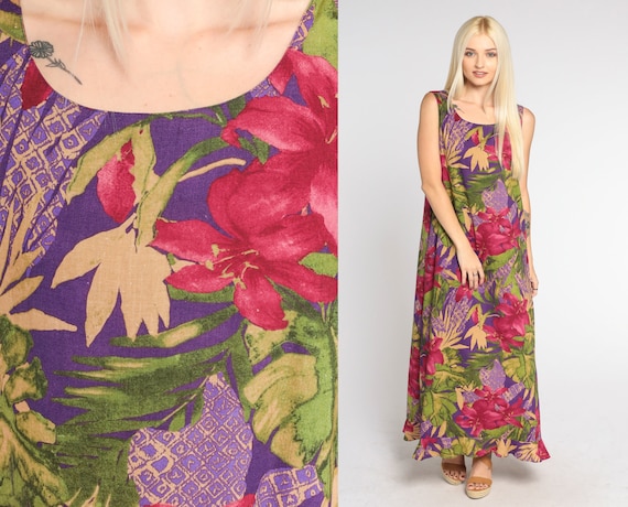 Tropical Floral Dress Y2k Purple Maxi Dress Hibiscus Flower Leaf Print Sleeveless Sundress Hippie Summer Tank Day Vintage 00s Medium Large