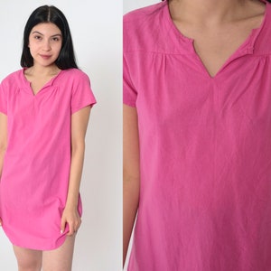 Bright Pink Tshirt Dress Vintage 90s Plain Micro Mini T Shirt Dress Slit Neckline Short Sleeve Normcore 1990s Simple Solid Pink Small S image 1