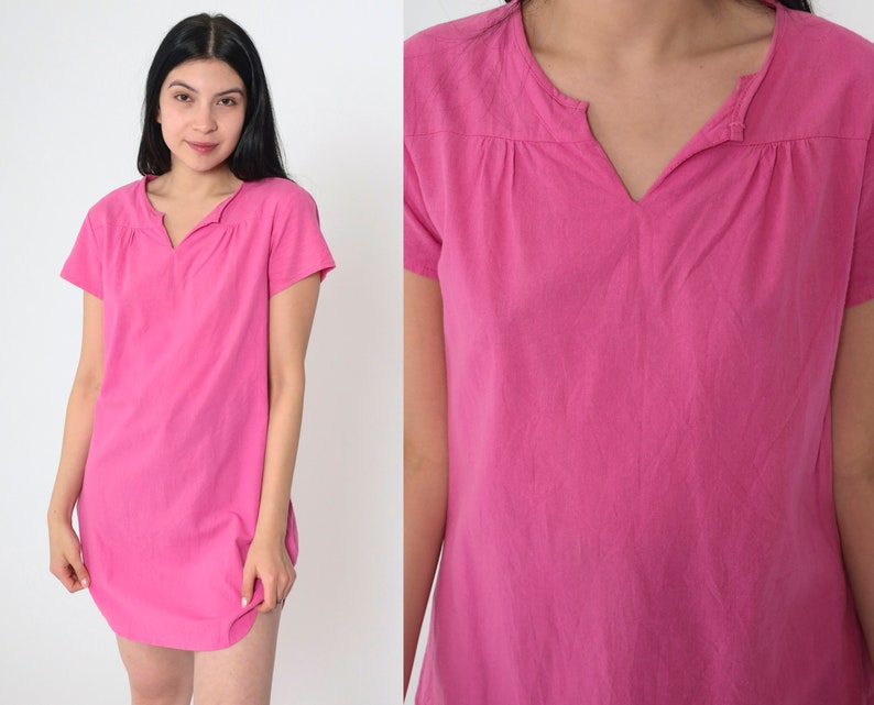 Bright Pink Tshirt Dress Vintage 90s Plain Micro Mini T Shirt Dress Slit Neckline Short Sleeve Normcore 1990s Simple Solid Pink Small S image 1