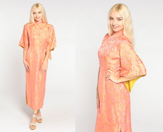 Peach Silk Floral Dress 60s Asian Inspired Maxi Dress Bell Sleeve Mandarin Collar Side Slit Garden Party Flower Print Boho Vintage 1960s XS