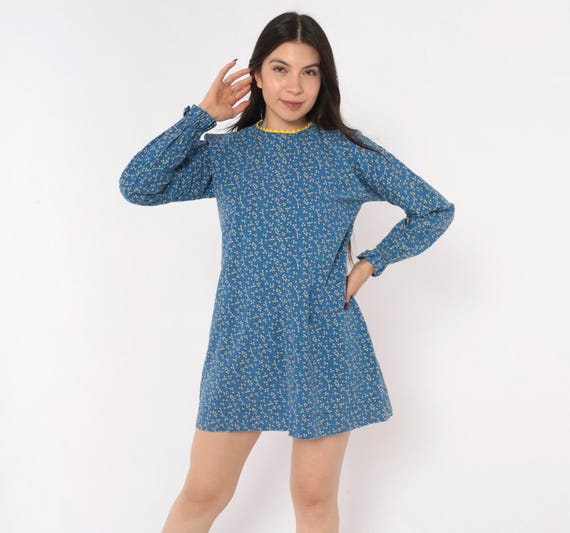 70s Ditsy Floral Mini Dress Blue Cotton Long Sleeve Yellow Ric Rac Trim A Line Cottagecore Prairie Shift Coquette Vintage Extra Small XS