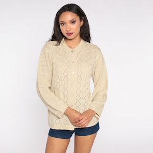 Beige Cardigan Sweater 70s 80s Pointelle Open Weave Sheer Button Up Sweater Vintage Knitwear Acrylic Knit 1970s Preppy Oversize Small