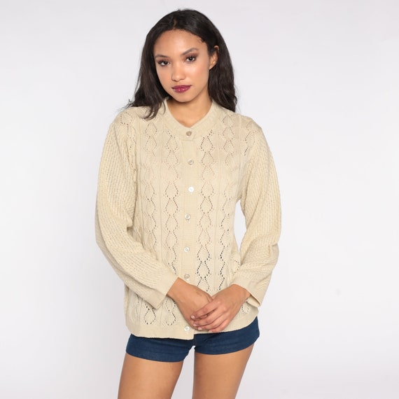 Beige Cardigan Sweater 70s 80s Pointelle Open Weave Sheer Button Up Sweater Vintage Knitwear Acrylic Knit 1970s Preppy Oversize Small