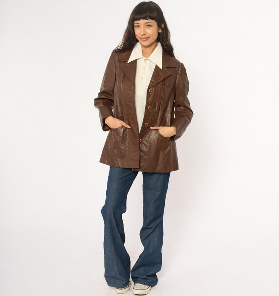 70s Brown Leather Jacket Button Front Collared Br… - image 7