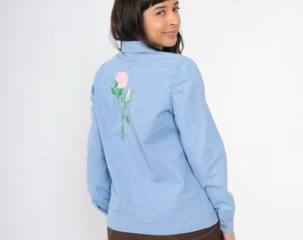 Vintage Floral Embroidered Blouse 80s Blue Long Puff Sleeve Button up Shirt Pink Rose Collared Feminine Romantic 1980s Medium M