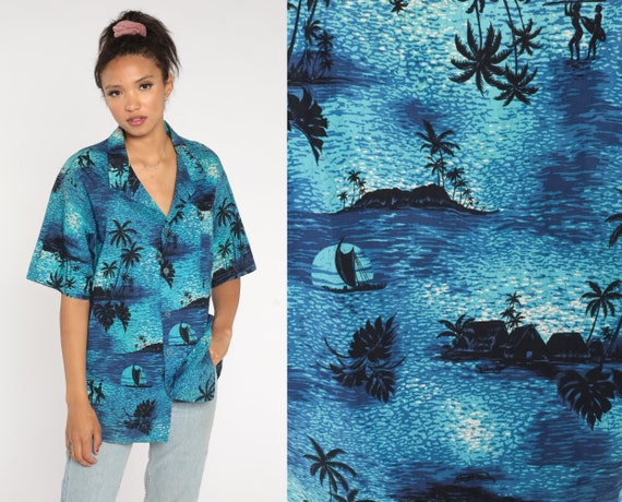 Tropical Surfer Shirt Blue Hawaiian Blouse Cotton Button Up 80s Vintage Palm Tree Leaf Surf Vacation Short Sleeve Large xl