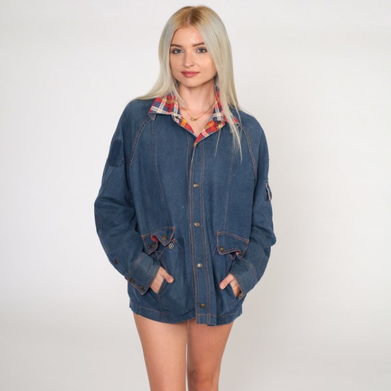 70s Denim Jacket Plaid Trim Jean Jacket Dark Blue Raglan Sleeve Vintage 1970s Snap Button Up Cargo Pocket Jacket Large