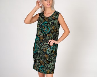 Paisley Mini Dress 90s Sun Bohemian Sundress Psychedelic Black Green Grunge Dress Sleeveless 1990s Hippie Vintage Shift Medium Petite