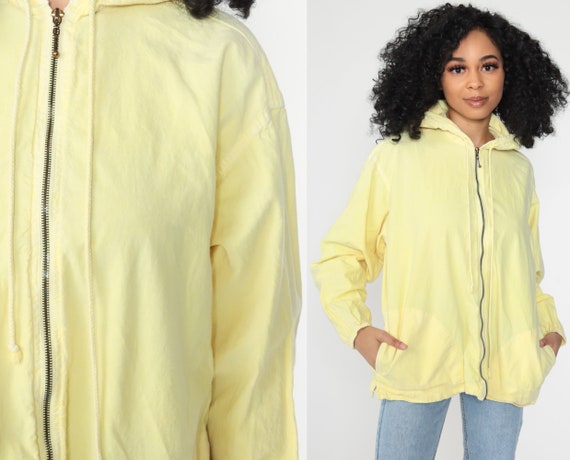 Yellow Hooded Jacket Plain Hoodie Windbreaker 80s Cotton Jacket Light Summer Jacket Retro Basic Coat Hood 1980s Vintage Small Medium