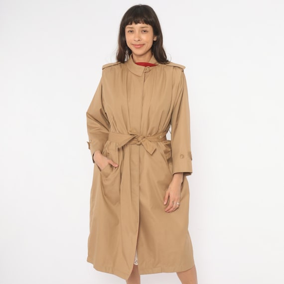 80s Belted Trench Coat Tan Khaki Red Lined Button Front Epaulette Knee Length Beige Raincoat Camel Jacket Neutral Duster Vintage Large L
