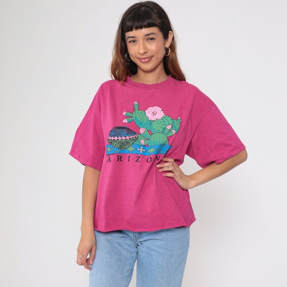 Vintage Arizona Cactus T-Shirt 90s Flowering Prickly Pear T Shirt Hot Pink Desert Graphic Tee Travel Destination Tshirt 1990s Extra Large xl