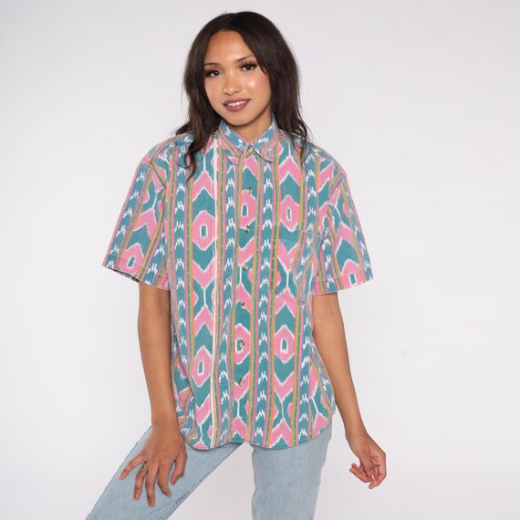 Southwestern Print Shirt Pink Teal Aztec Pattern 90s Button Down Short Sleeve Colorful Geometric Tribal Rainbow Stripe Summer Medium M 8