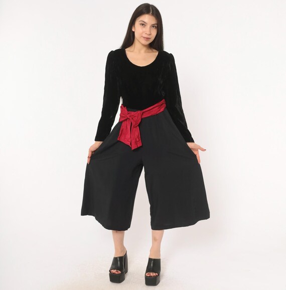 Velvet Palazzo Jumpsuit 90s Black Wide Leg Culotte Romper Burgundy Bow Sash Belt Puff Shoulder One Piece Cropped Red Holiday Evening Small S