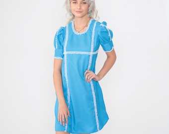 60s Babydoll Mini Dress Puff Sleeve Blue Lace Trim Dress Bohemian Mod Empire Waist 70s Vintage Dolly Boho MiniDress Small Petite S