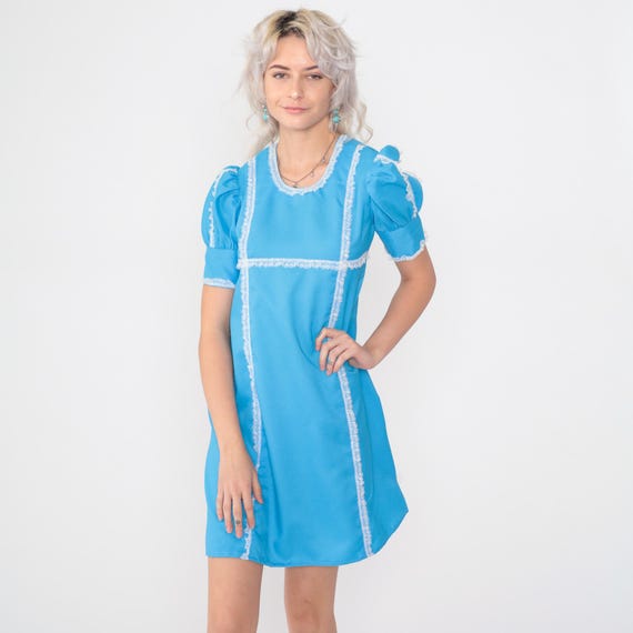 60s Babydoll Mini Dress Puff Sleeve Blue Lace Trim Dress Bohemian Mod Empire Waist 70s Vintage Dolly Boho MiniDress Small Petite S