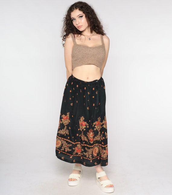 Floral Midi Skirt 90s Silk Skirt Black Skirt Hippie Boho Print HIGH WAISTED 1990s Long Vintage Hippie Casual Bohemian Small 6