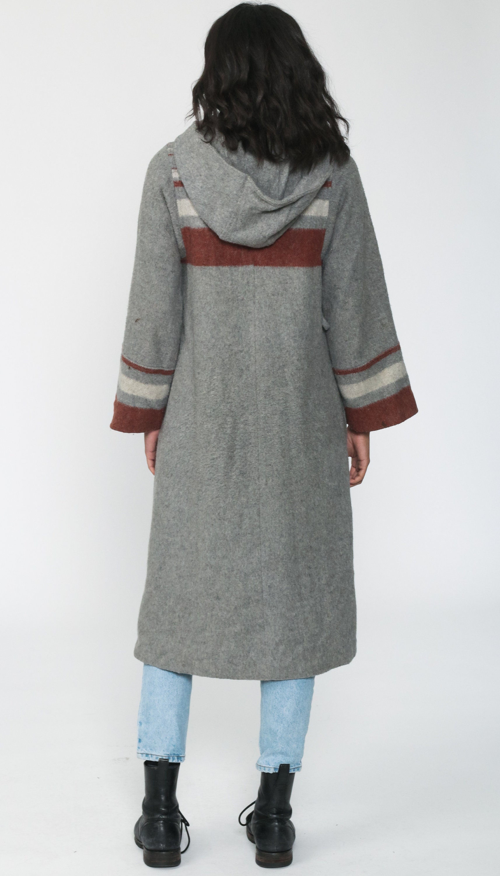 Grey Wool Coat 70s HOODED Jacket Boho Coat Striped Hood Coat Vintage ...