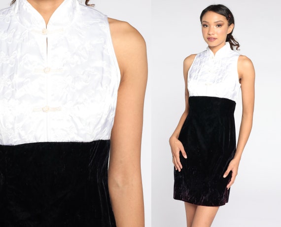Velvet Mini Dress 90s Zum Zum Dress Black White Party Dress Bodycon Sleeveless Shift Sheath 1990s Cocktail Vintage Minidress Small Medium